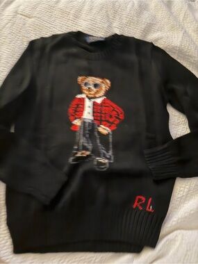 Polo by Ralph Lauren Black Crewneck Sweater with Red Bear Motif